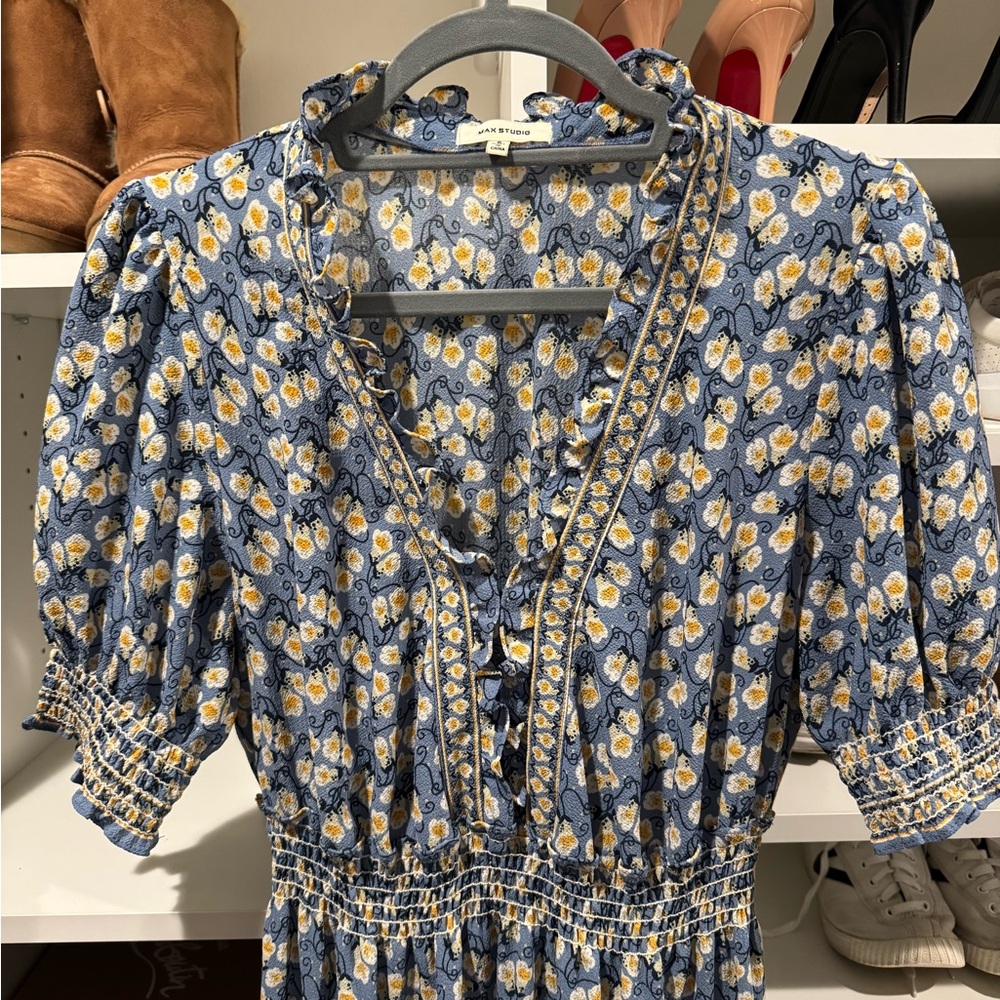 Max Studio Blue Floral Dress with Yellow Accents